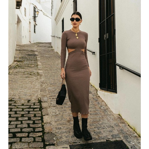 ZARA CUT-OUT RIBBED KNIT DRESS MINK BROWN - Picture 3 of 16